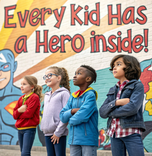 Three children dressed as superheroes stand proudly under a banner that reads "Hero Nation X – Every Kid