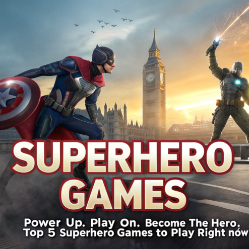 Two superheroes face off in a cinematic battle scene near Big Ben, with bold text reading "Superhero Games – Power Up. Play On. Become The Hero."