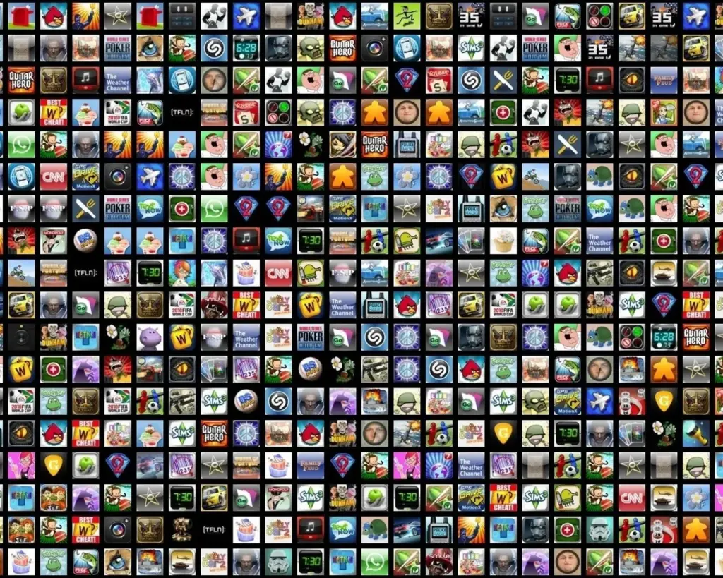 Grid of mobile app icons, colorful and densely packed