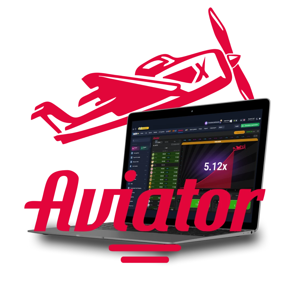 Laptop displaying Aviator game interface with multiplier 5.12x, red airplane logo and Aviator title in the foreground.
