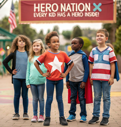 Five children dressed in superhero-themed outfits stand confidently under a banner that reads "Hero Nation X – Every Kid Has a Hero Inside!" at a community event.