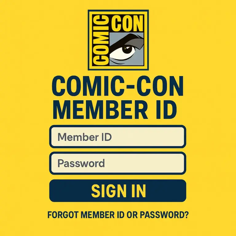 Digital illustration of the Comic-Con Member ID login screen with yellow background, Comic-Con logo, input fields for Member ID and password, and a blue “Sign In” button.