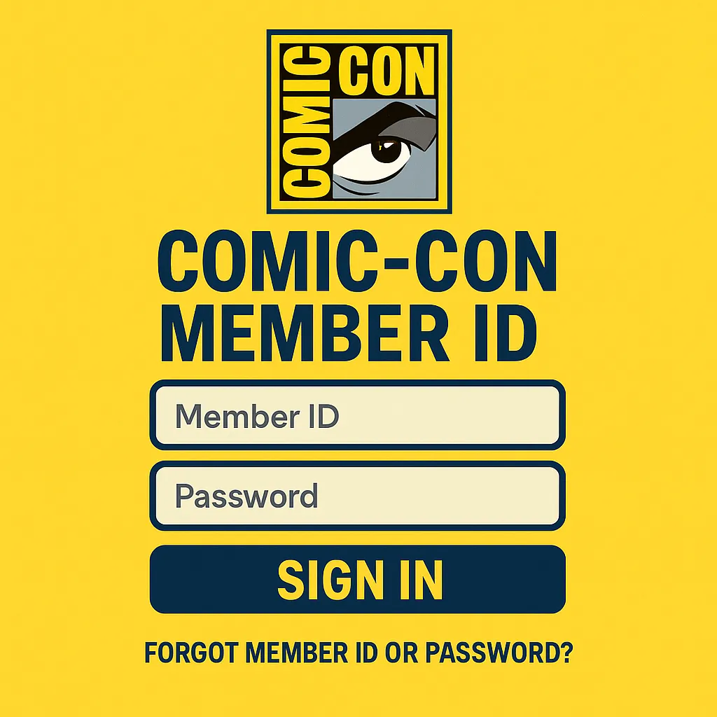 Digital illustration of the Comic-Con Member ID login screen with yellow background, Comic-Con logo, input fields for Member ID and password, and a blue “Sign In” button.