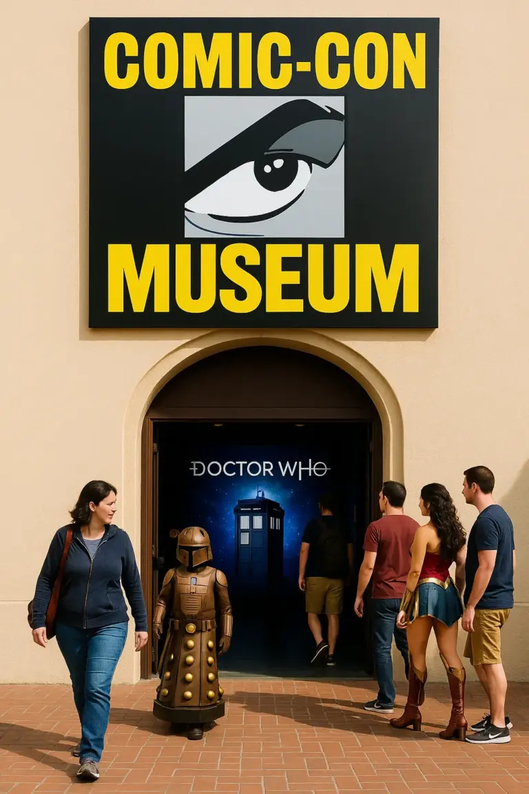 Entrance of the Comic-Con Museum with visitors in cosplay, including a Dalek and Wonder Woman, entering a Doctor Who exhibit featuring the TARDIS backdrop.