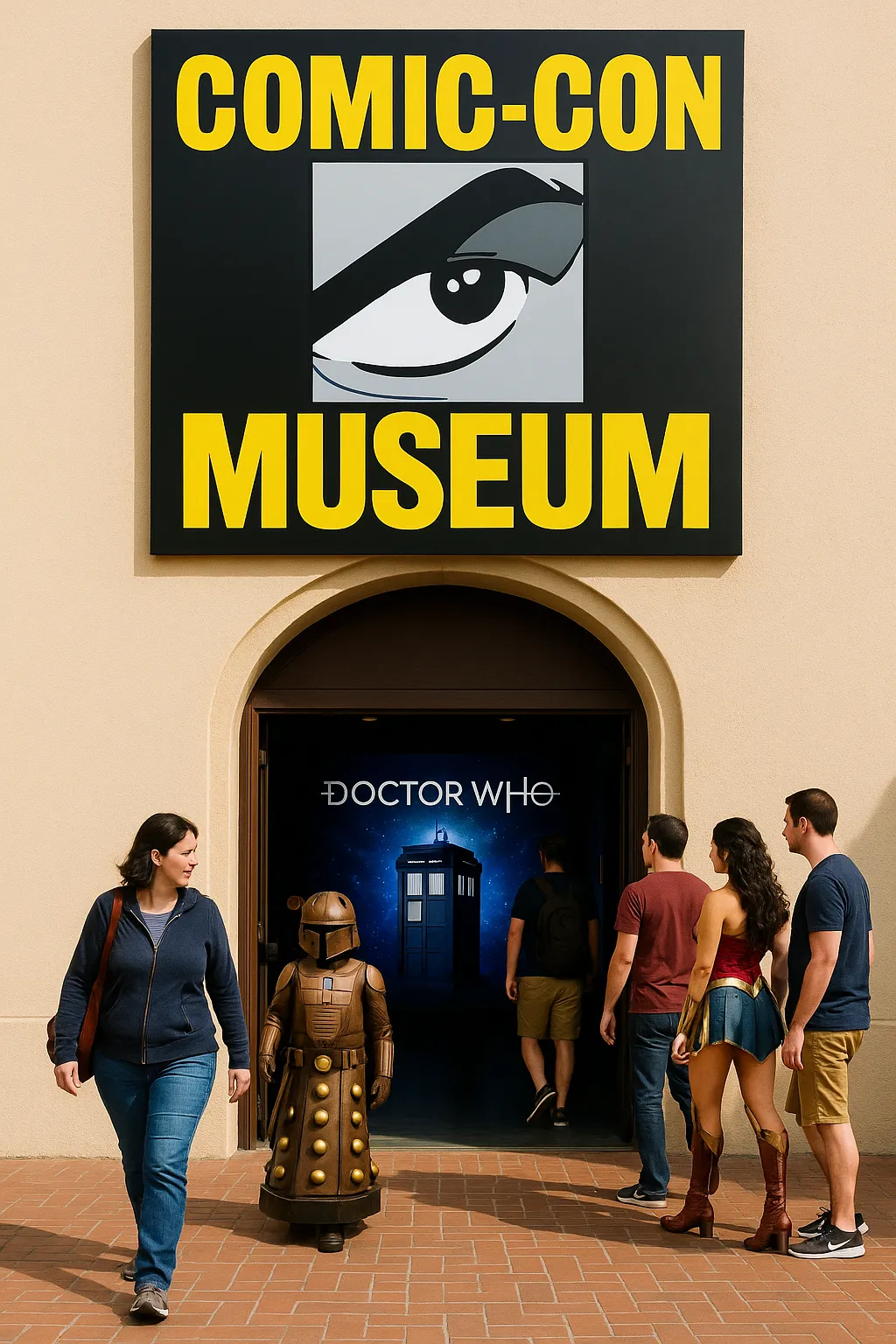 Entrance of the Comic-Con Museum with visitors in cosplay, including a Dalek and Wonder Woman, entering a Doctor Who exhibit featuring the TARDIS backdrop.