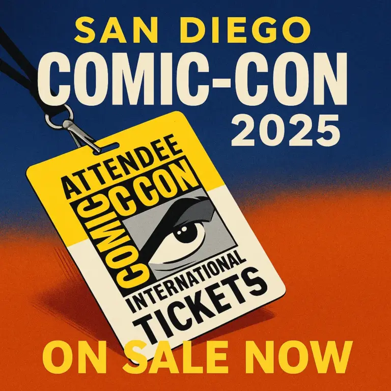 Promotional poster for San Diego Comic-Con 2025 featuring an attendee badge with Comic-Con’s eye logo and bold text announcing tickets on sale.