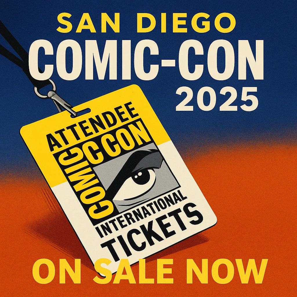 Promotional poster for San Diego Comic-Con 2025 featuring an attendee badge with Comic-Con’s eye logo and bold text announcing tickets on sale.
