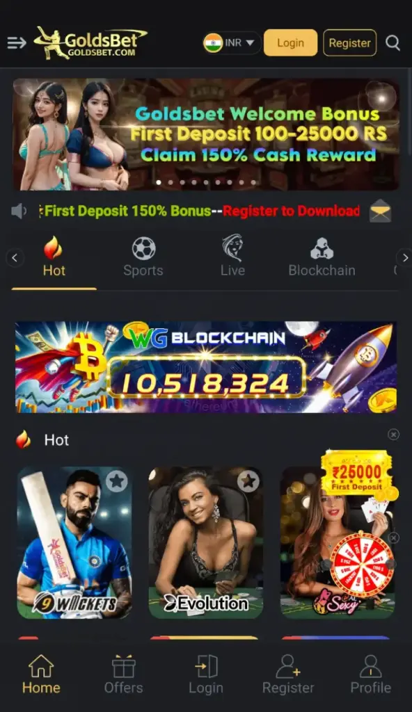 Goldsbet mobile app dashboard showing casino games and navigation menu